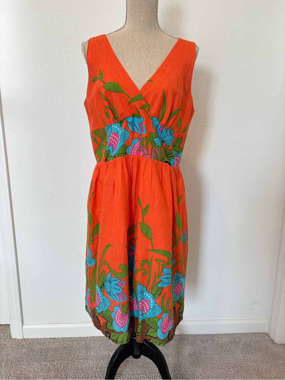 Orange Floral V-Neck Midi Dress